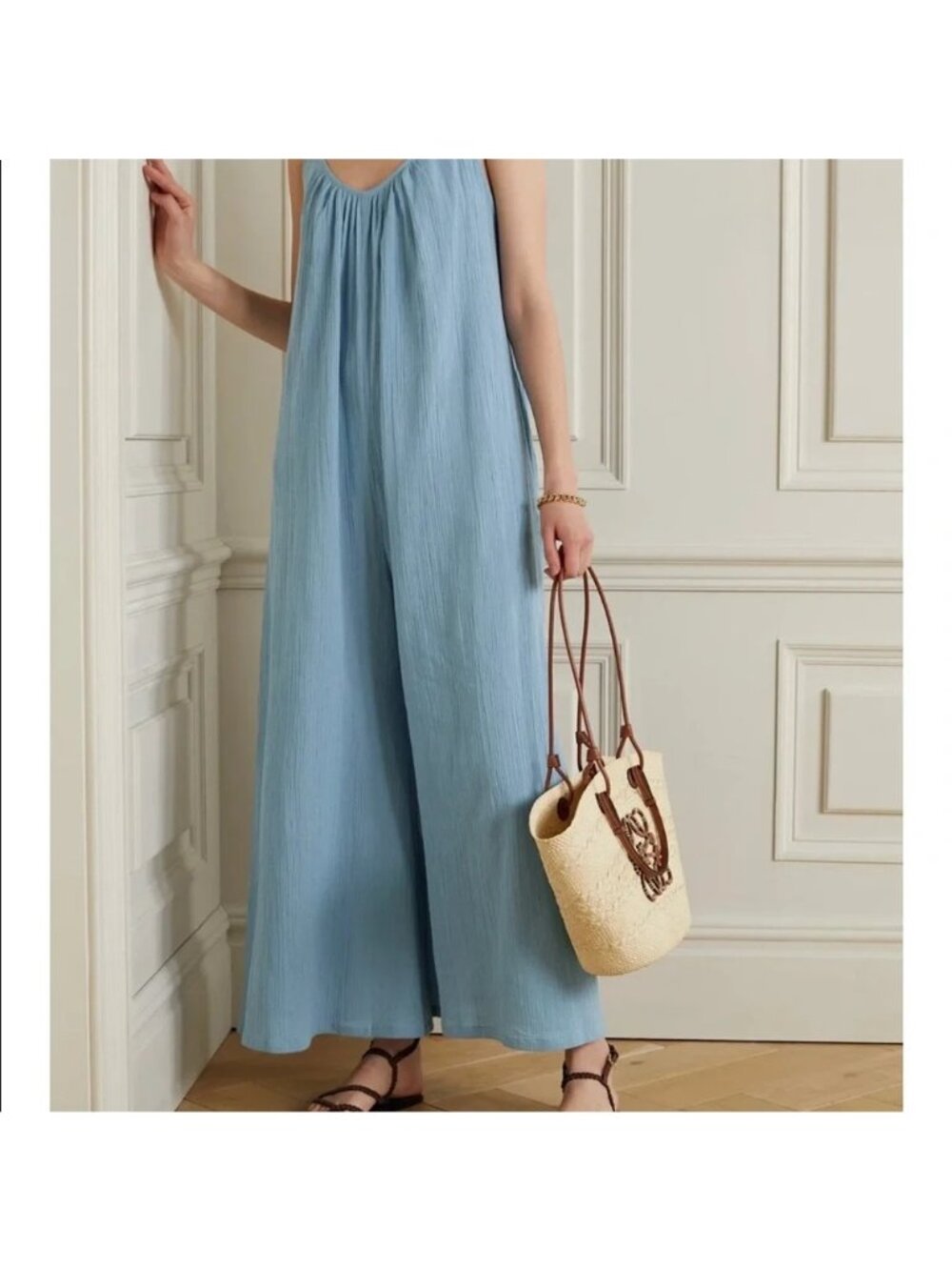 SUZI KONDI Besa Jumpsuit Blue Lightweight Gauze Wide Leg Scoop Neck LARGE